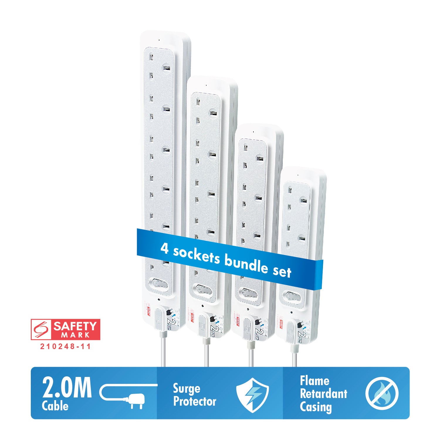 Daiyo Master Switch Bundle 3 + 4 + 5 + 6 Way Extension Socket Strip 2 Meter long