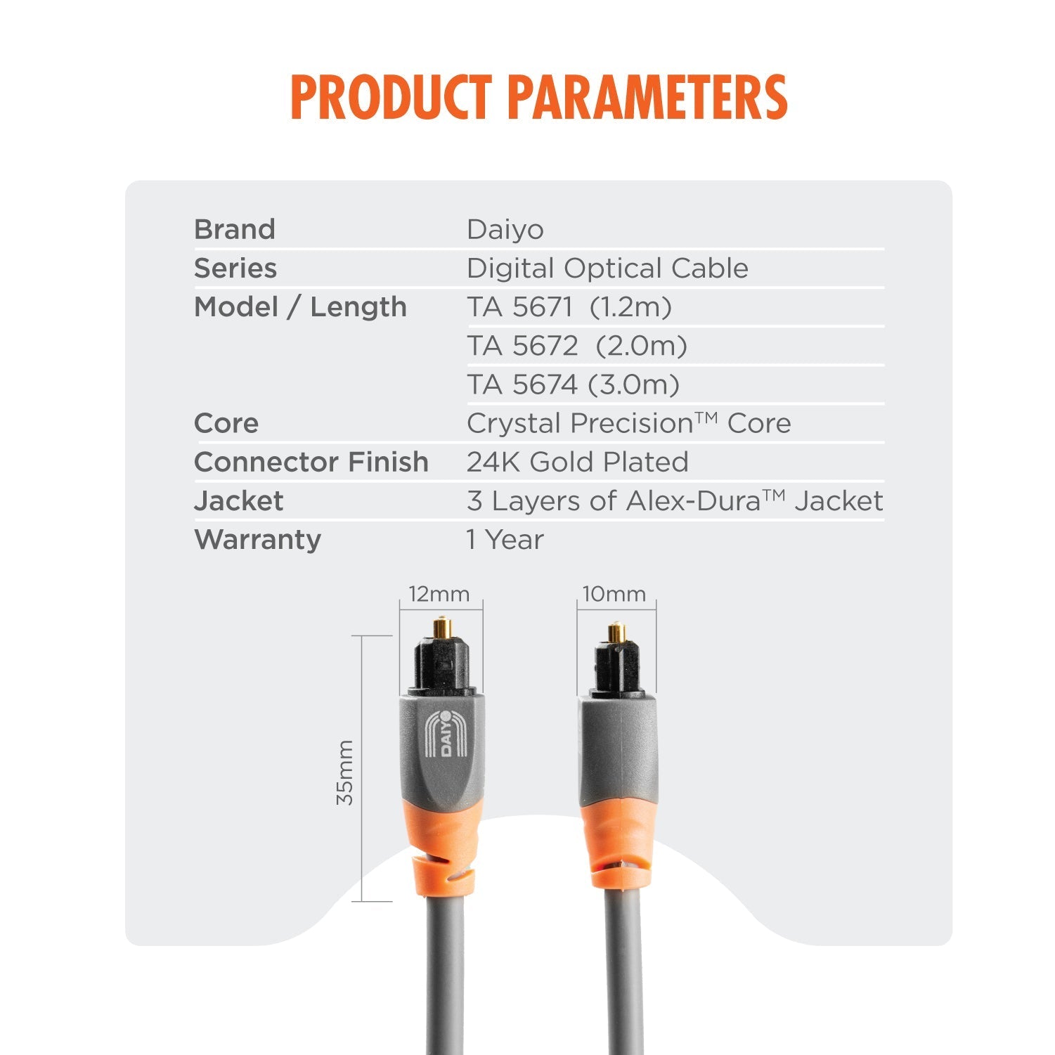 Daiyo TA 5674 Classic Digital Optical Audio 3m Cable