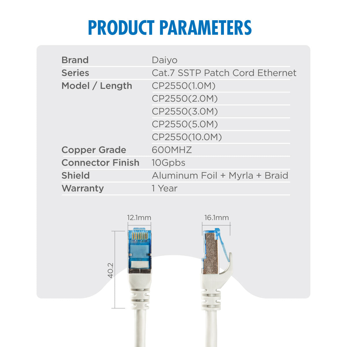 Daiyo CP 2550 SSTP Patch Cord Cat 7 Gigabit Ethernet 1m