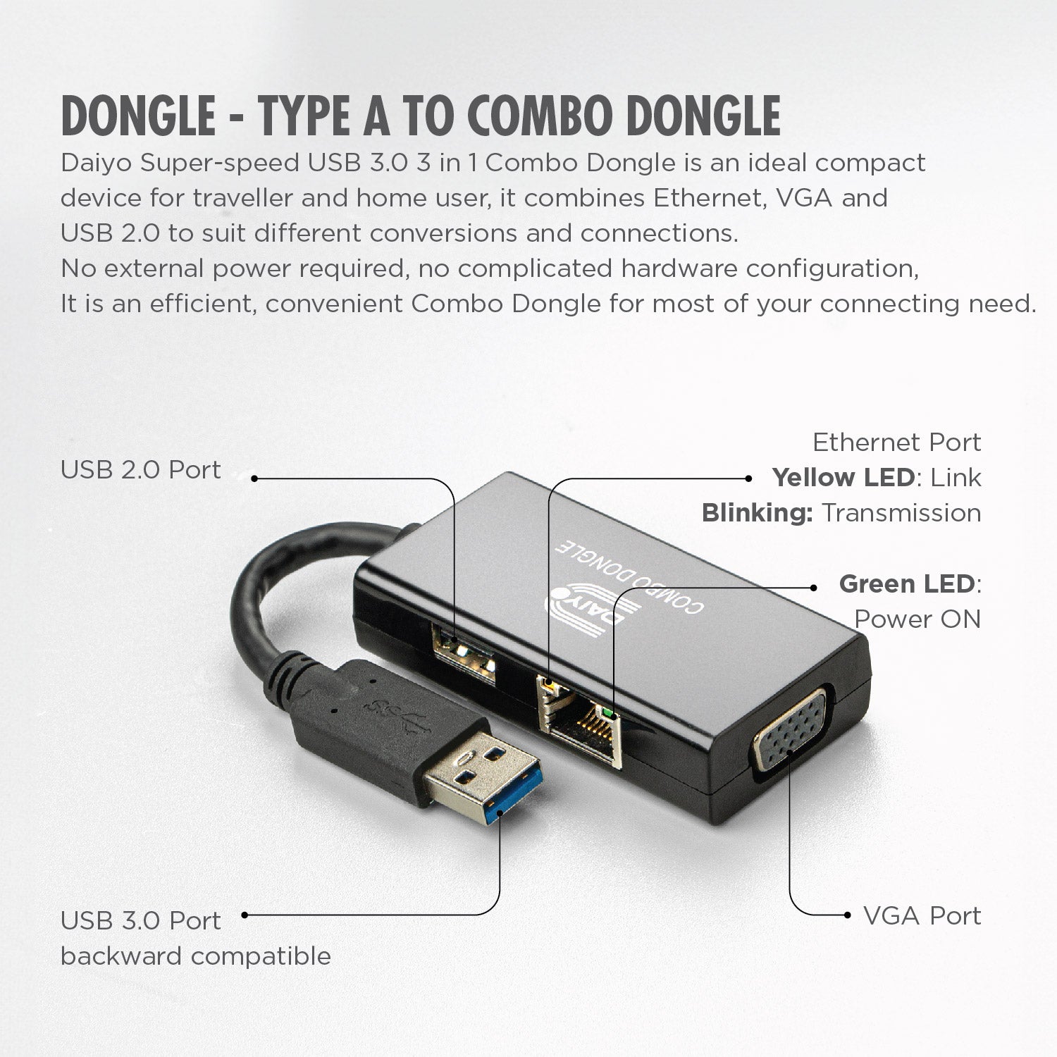 Daiyo CP 2606 USB 3.0 to VGA + LAN + Fast USB (3 in 1 Combo Dongle)