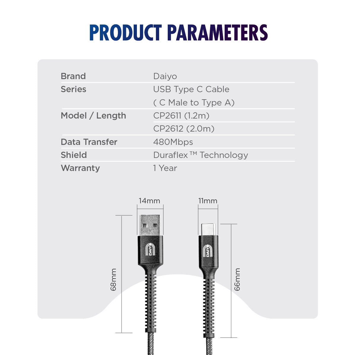 Daiyo CP 2611 TYPE C Fast Charging USB 2.0 - C Male / A Male 1.2m Cable