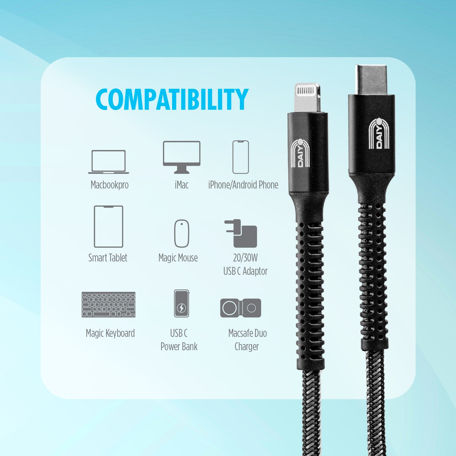 Daiyo CP 2617 Black MFI Type C to Lightning Cable 1.5 meter