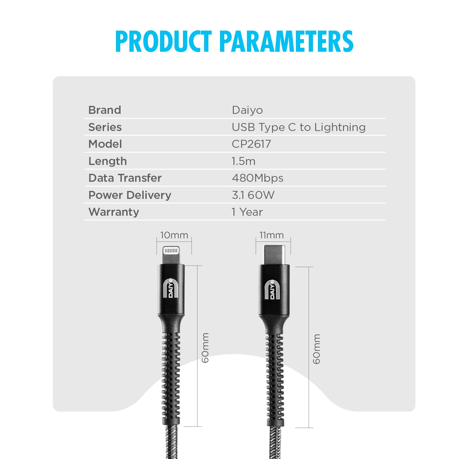 Daiyo CP 2617 Black MFI Type C to Lightning Cable 1.5 meter