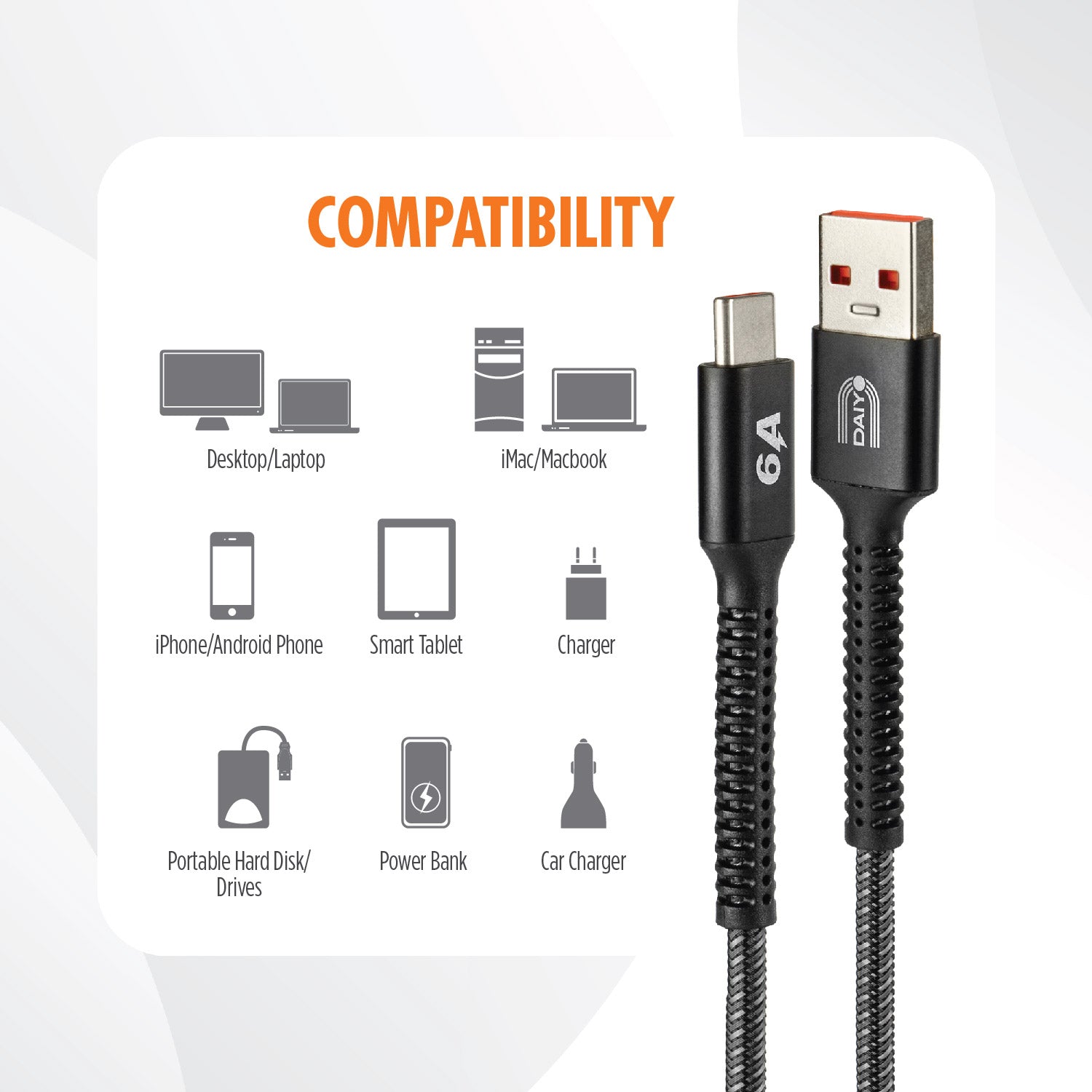 Daiyo CP 2618 6A Super Fast Charging TYPE C USB - C Male / A Male 1.5m Cable