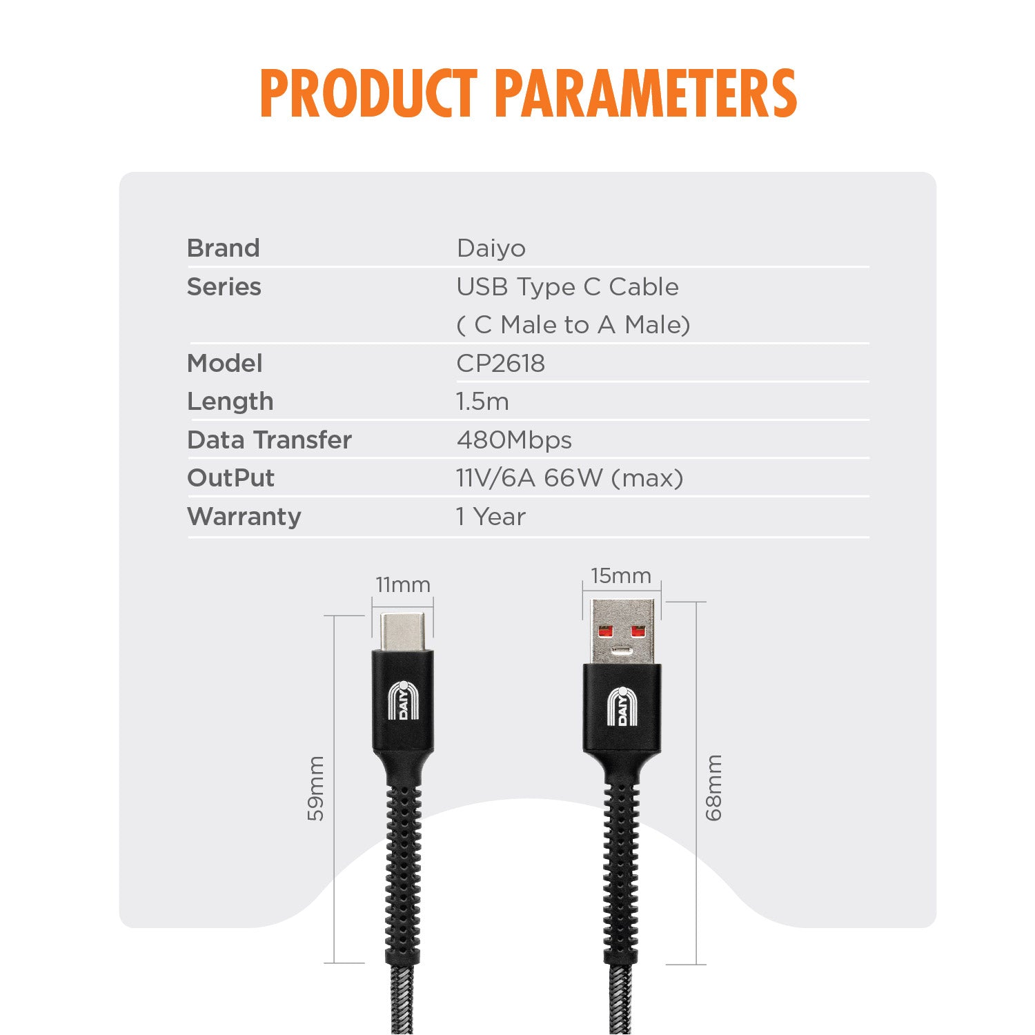 Daiyo CP 2618 6A Super Fast Charging TYPE C USB - C Male / A Male 1.5m Cable