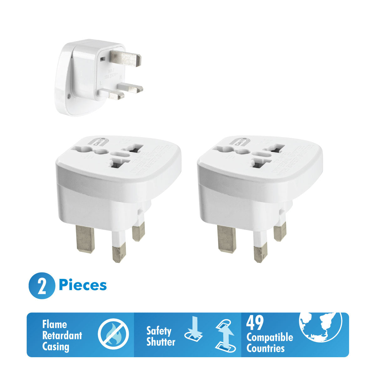 Traveller Adaptor UK 3-Prong With Earth X 2 Pieces | Brunei, Hong Kong, Iraq, Ireland, Jordan, Kuwait, Macau, Malaysia