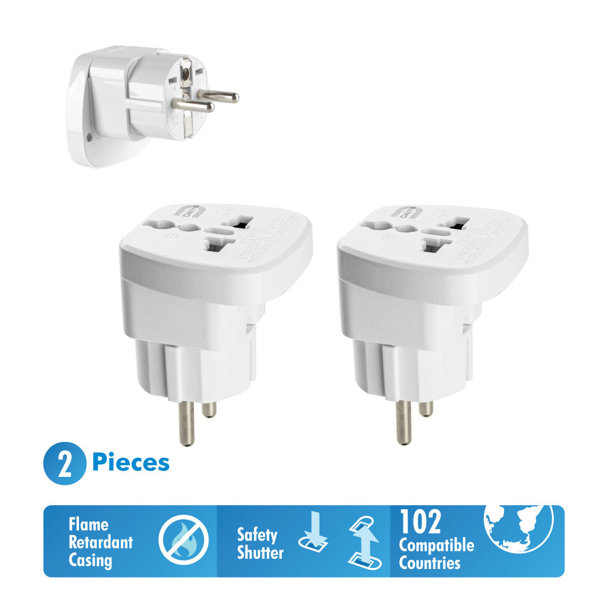 Traveller Adaptor European 2-Prong With Earth X 2 Pieces | Finland, France, Germany, Greece, Norway, South Korea