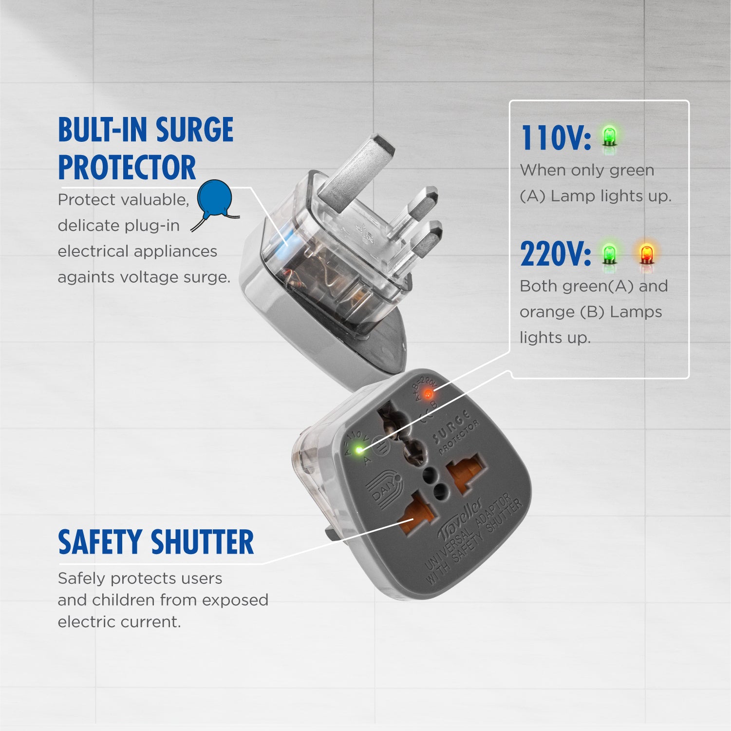 Daiyo DE 233 Traveller Adaptor UK 3-Prong With Earth | Brunei, Hong Kong, Iraq, Ireland, Jordan, Kuwait, Macau, Malaysia, Saudi Arabia, Singapore, Sri Lanka, UAE, UK, Vietnam