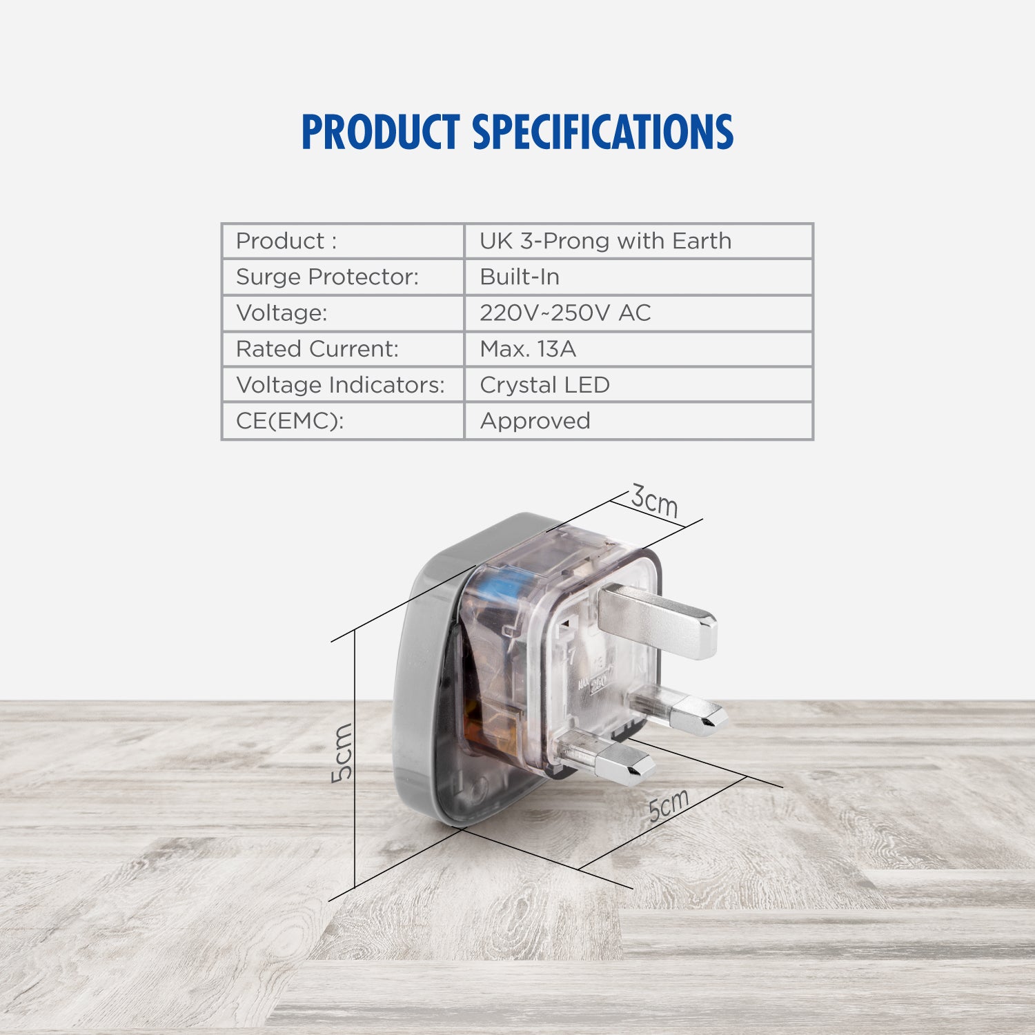 Daiyo DE 233 Traveller Adaptor UK 3-Prong With Earth | Brunei, Hong Kong, Iraq, Ireland, Jordan, Kuwait, Macau, Malaysia, Saudi Arabia, Singapore, Sri Lanka, UAE, UK, Vietnam