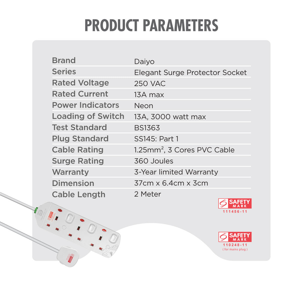 Daiyo DE 293 3 Way Elegant Surge Protector Power Extension Socket Strip with 2 Meter Power Cord