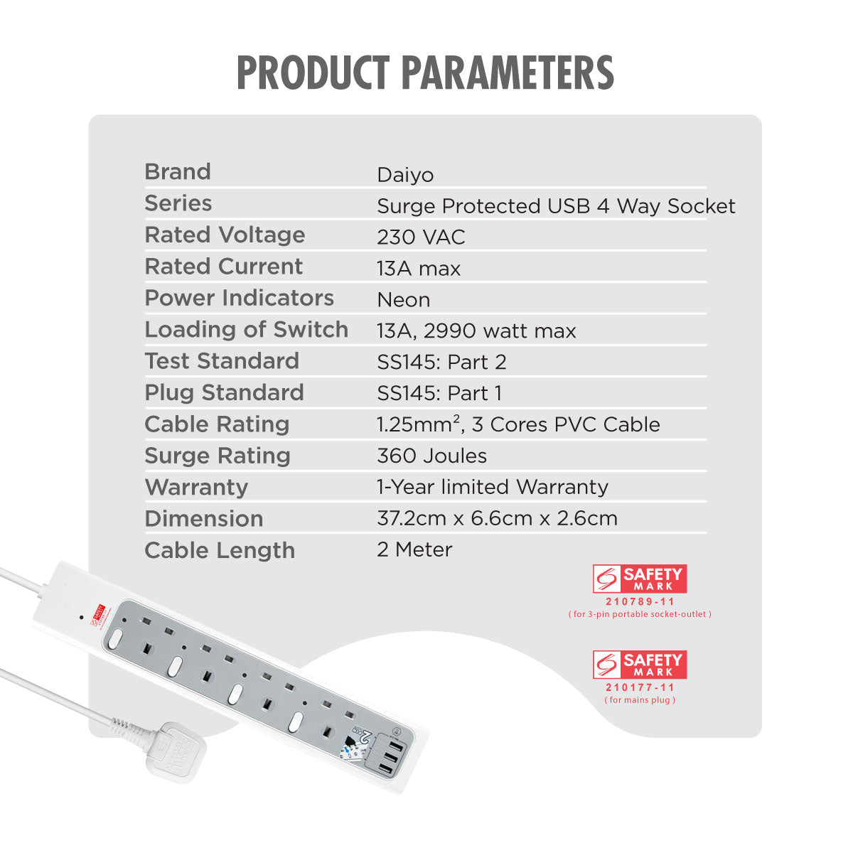 Daiyo DE 298 Surge Protected USB 4 Way Extension Socket