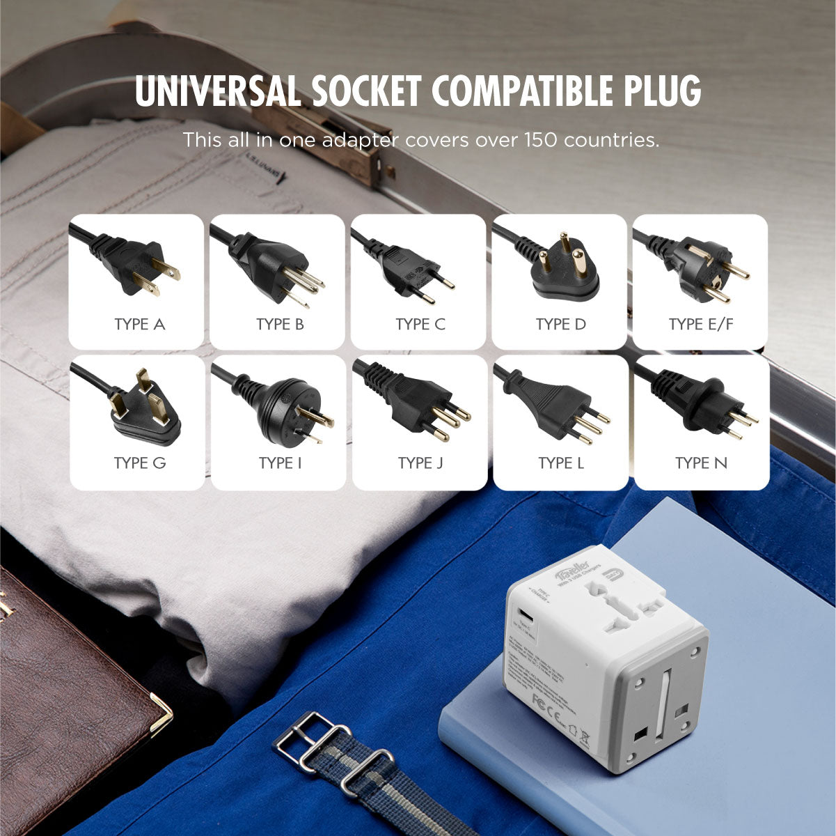 Daiyo DE 318 Travel World Multi Adaptor 3.1A, 2 USB-A + 1 USB-C Ports
