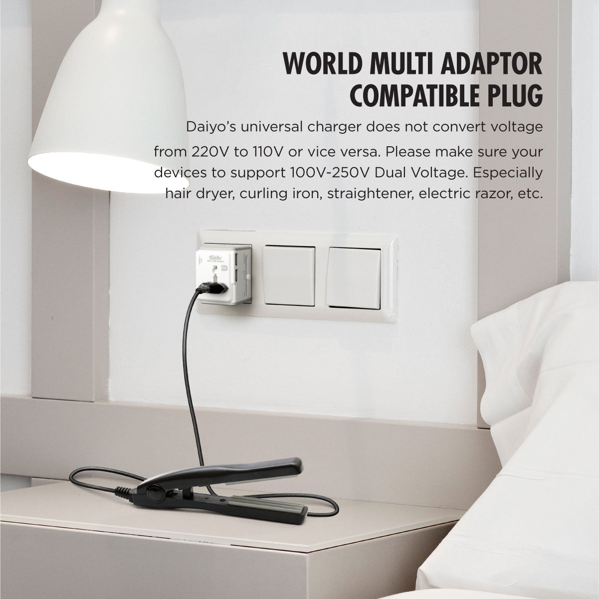 Daiyo DE 318 Travel World Multi Adaptor 3.1A,  2 USB-A + 1 USB-C Ports