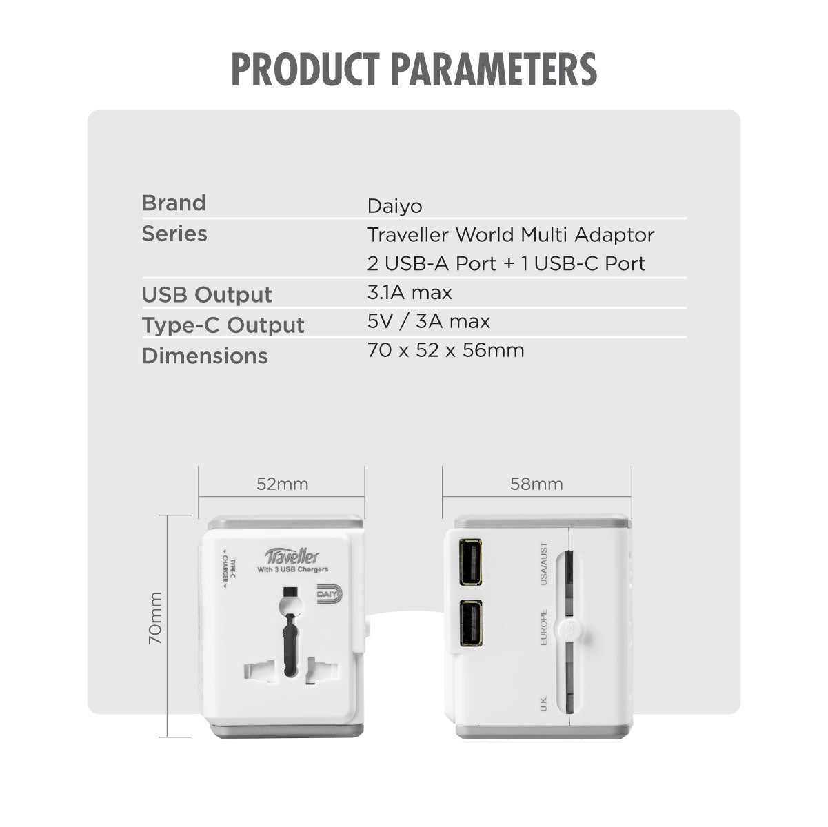 Daiyo DE 318 Travel World Multi Adaptor 3.1A, 2 USB-A + 1 USB-C Ports