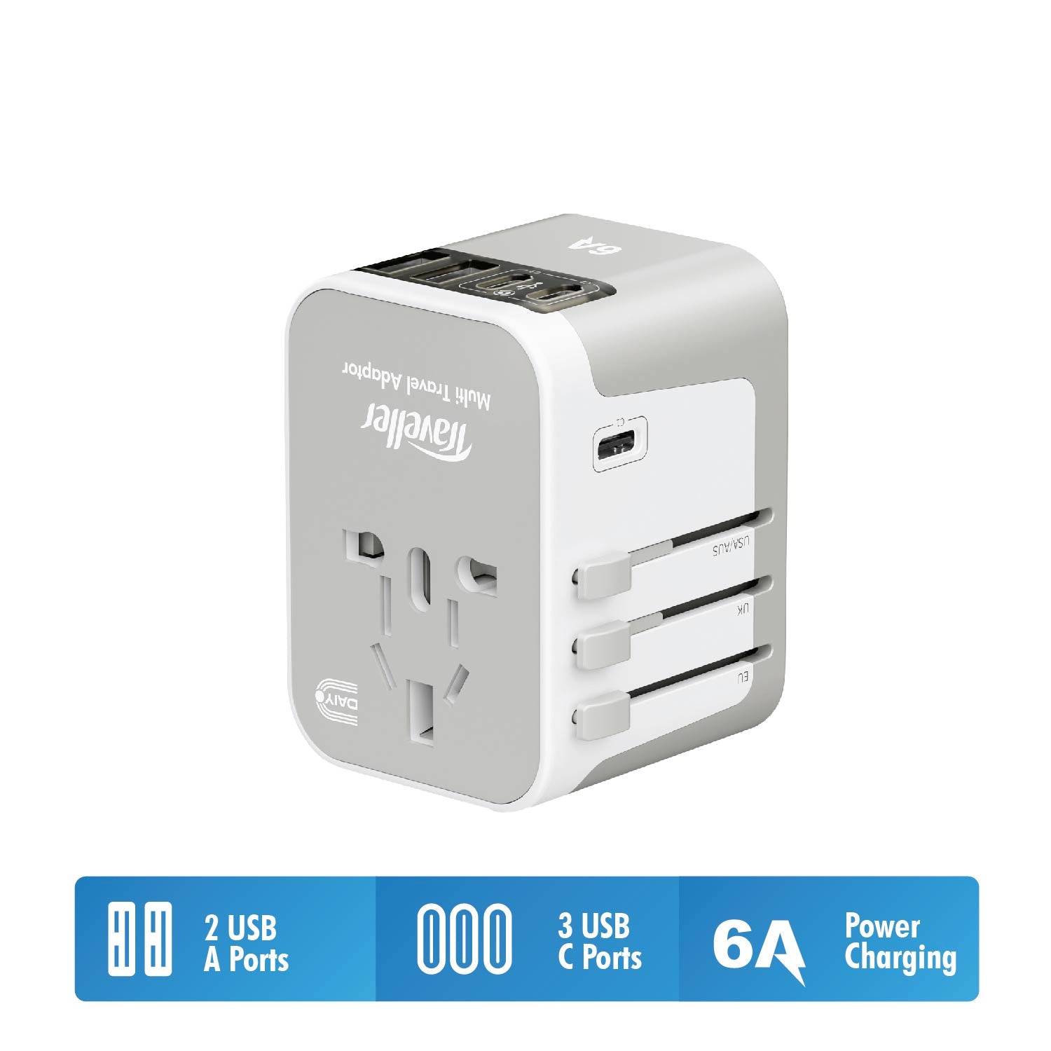 Daiyo DE 320 Universal Travel Adapter with 2 USB Port + 3 Type-C Port Wall Chargers Plug