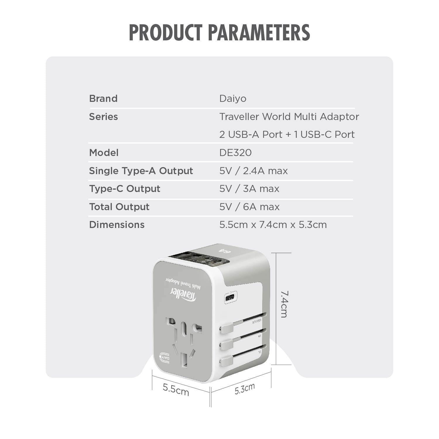 Daiyo DE 320 Universal Travel Adapter with 2 USB Port + 3 Type-C Port Wall Chargers Plug