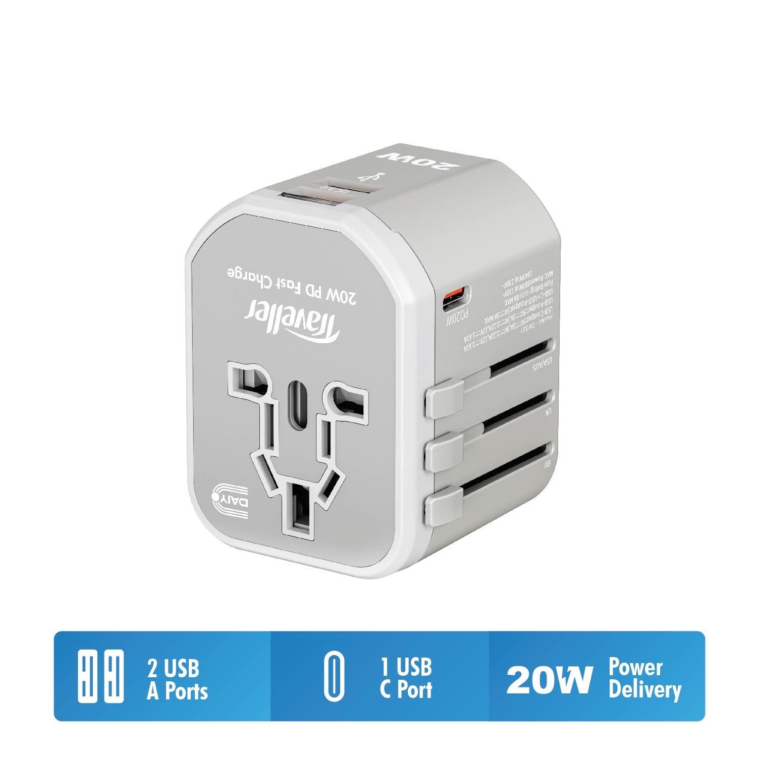 Daiyo DE 321 Universal Travel Adapter with 2 USB Port + 1 Power Delivery Type-C Port Wall Charger