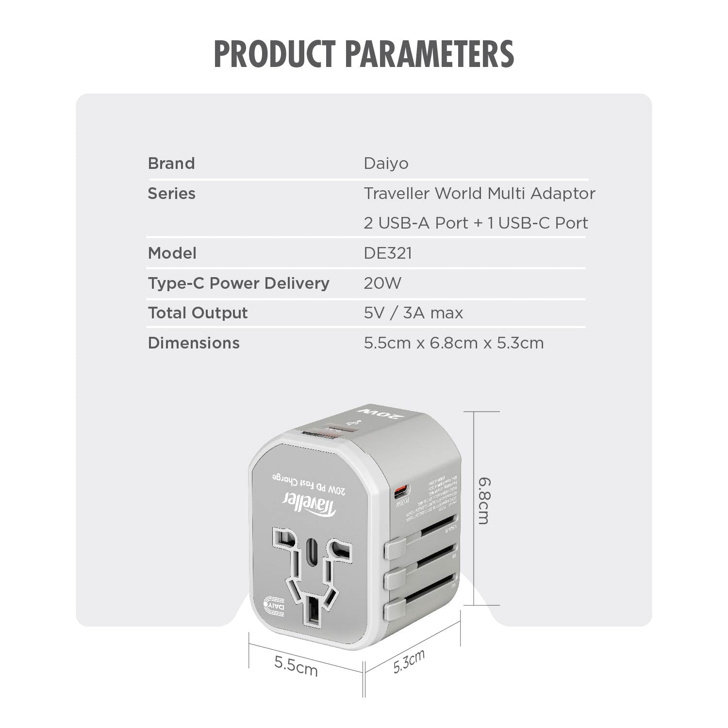 Daiyo DE 321 Universal Travel Adapter with 2 USB Port + 1 Power Delivery Type-C Port Wall Charger