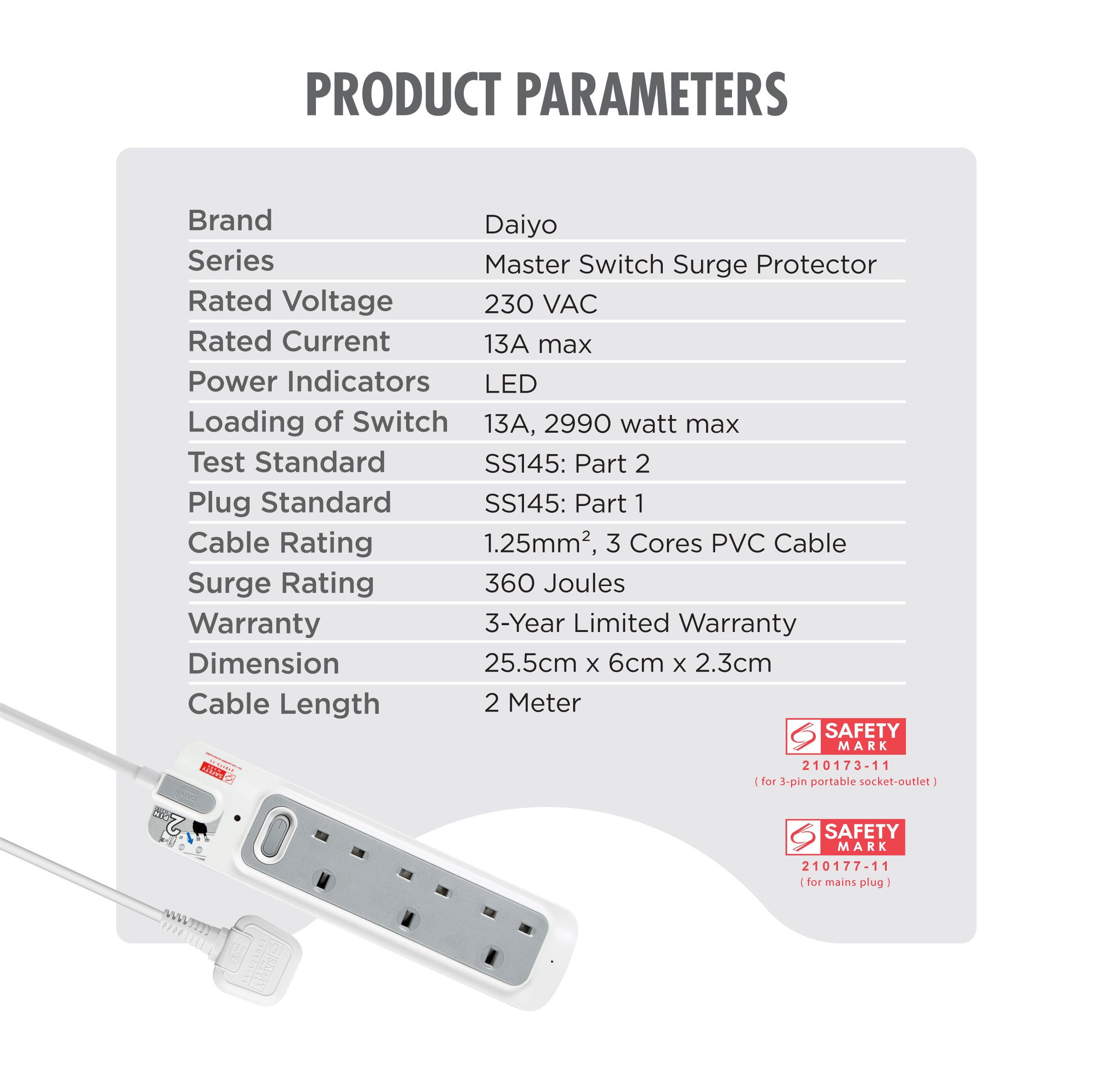 Daiyo Master Switch Bundle 3 + 4 + 5 + 6 Way Extension Socket Strip 2 Meter long