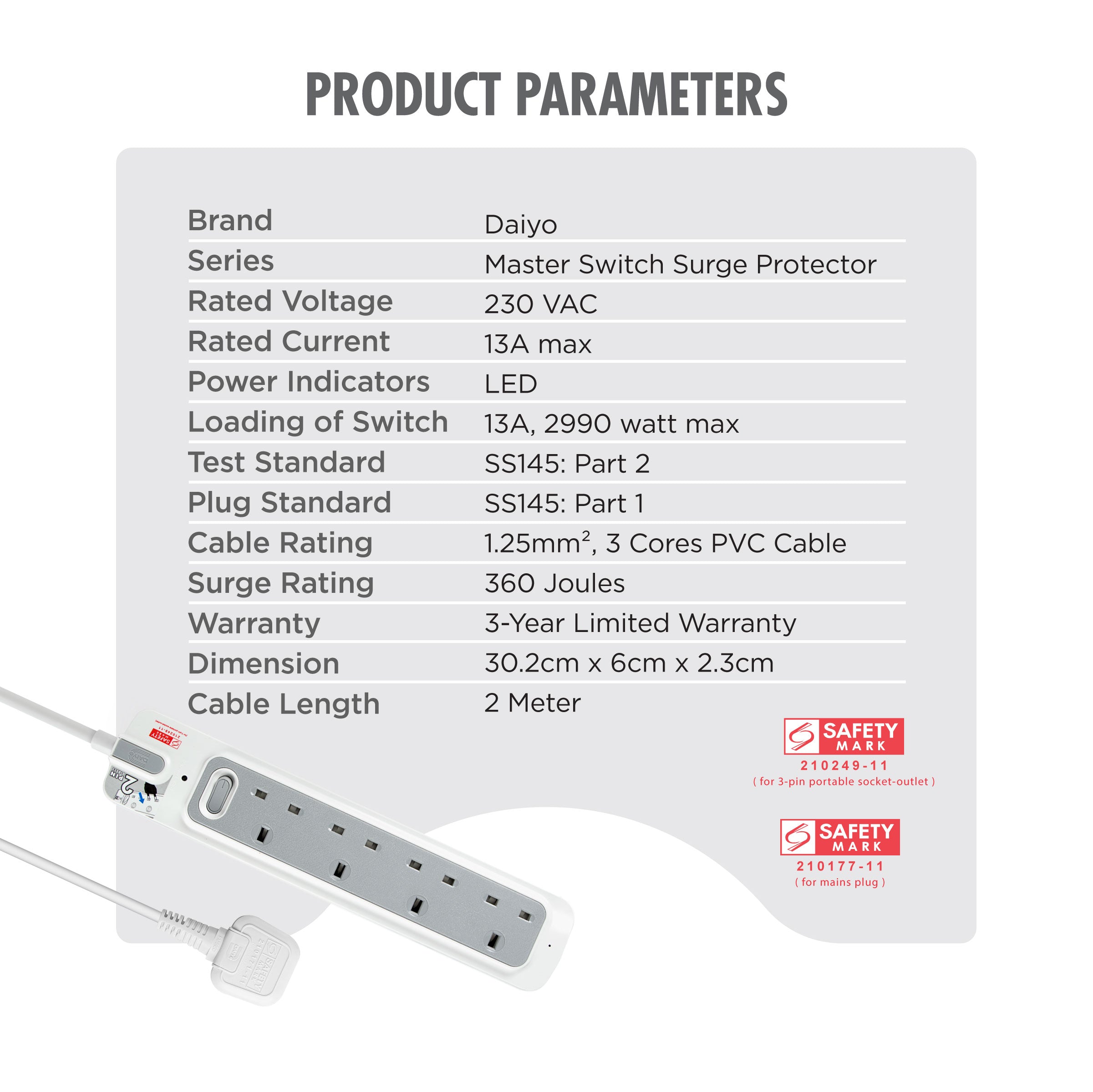 Daiyo DE 364 Master Switch Surge Protector 4 Way Extension Socket Strip 2 Meter long