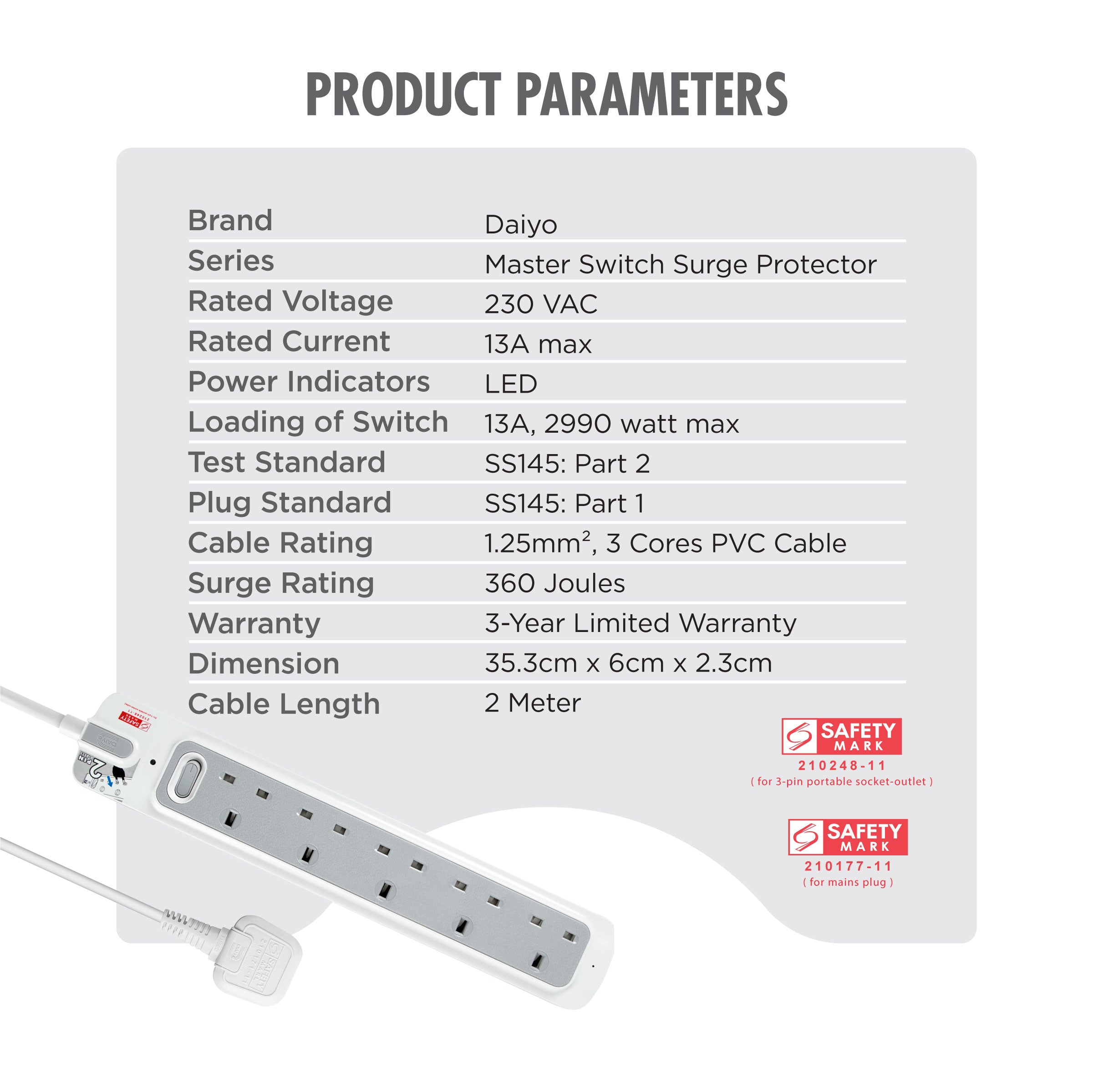 Daiyo DE 365 Master Switch Surge Protector 5 Way Extension Socket Strip 2 Meter long