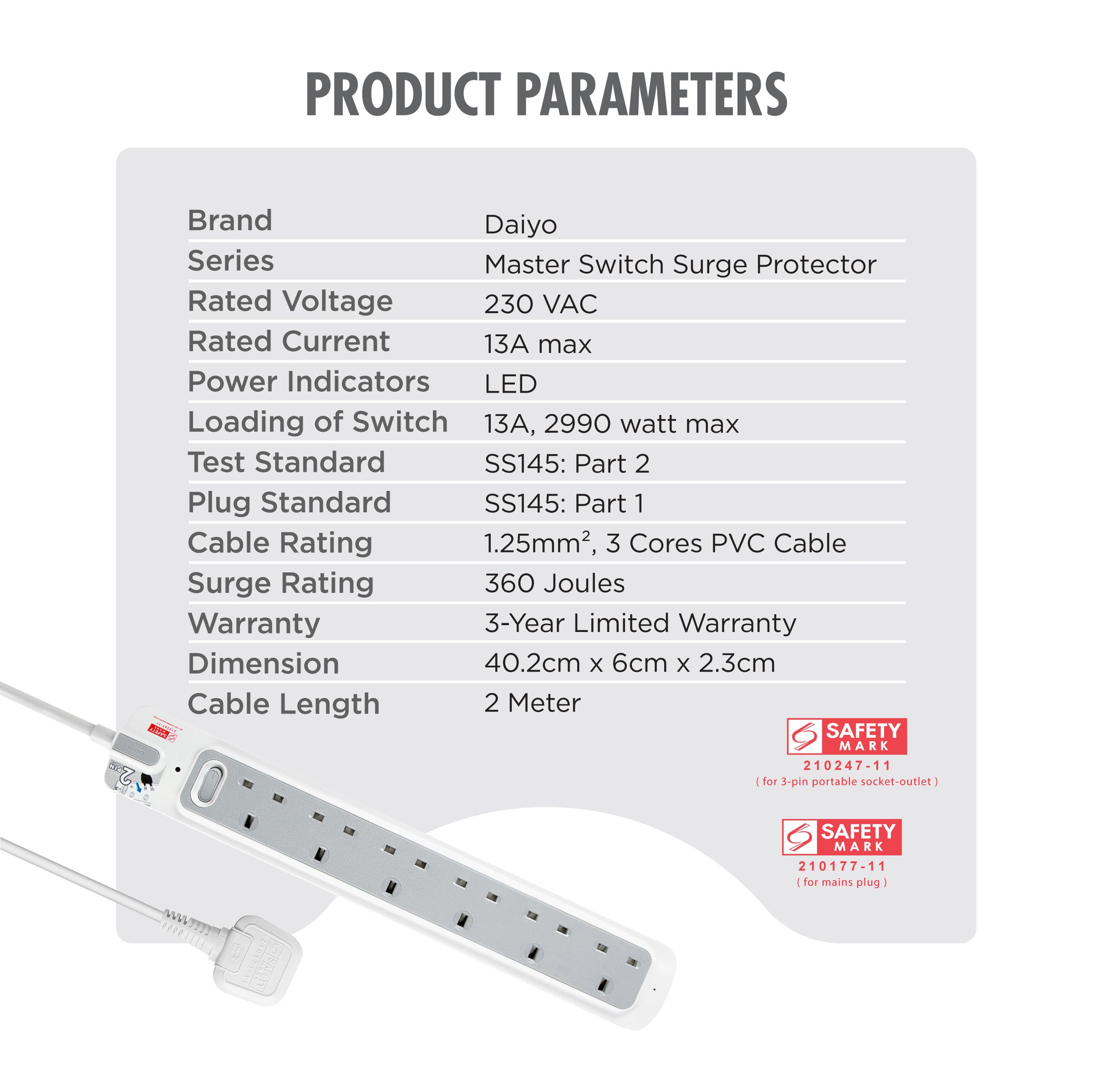 Daiyo DE 366 Master Switch Surge Protector 6 Way Extension Socket Strip 2 Meter long