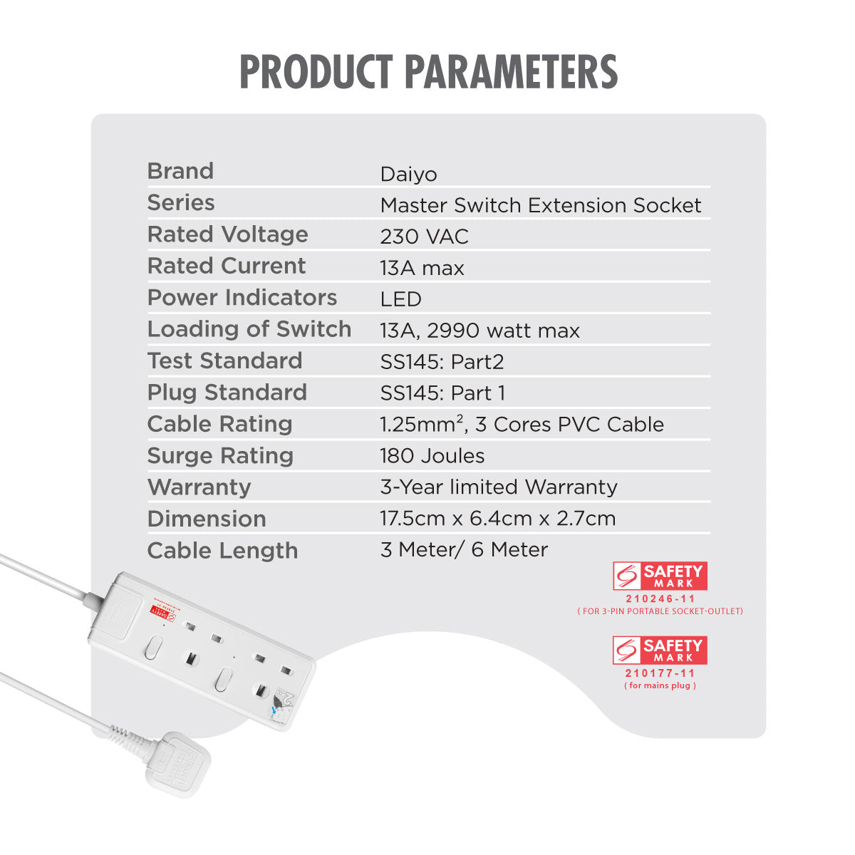 Daiyo DE 382 2 Way LED Surge Protector Power Extension Socket Strip with 3 Metre Power Cord