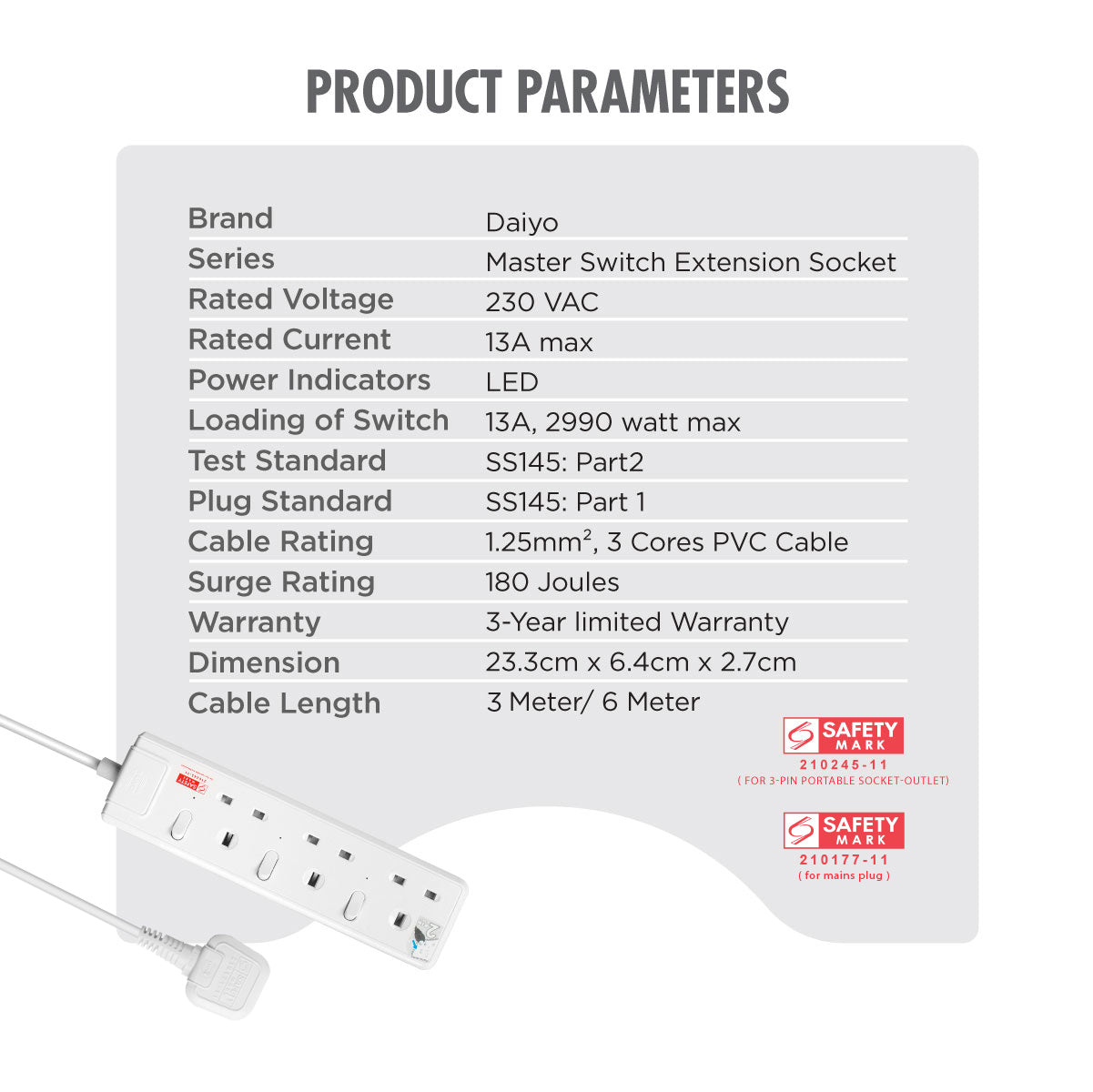 Daiyo DE 383 3 Way LED Surge Protector Power Extension Socket Strip with 3 Metre Power Cord