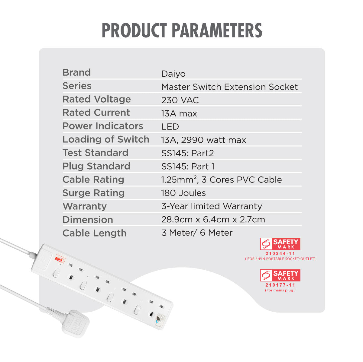 Daiyo DE 384 4 Way LED Surge Protector Power Extension Socket Strip with 6 Metre Power Cord