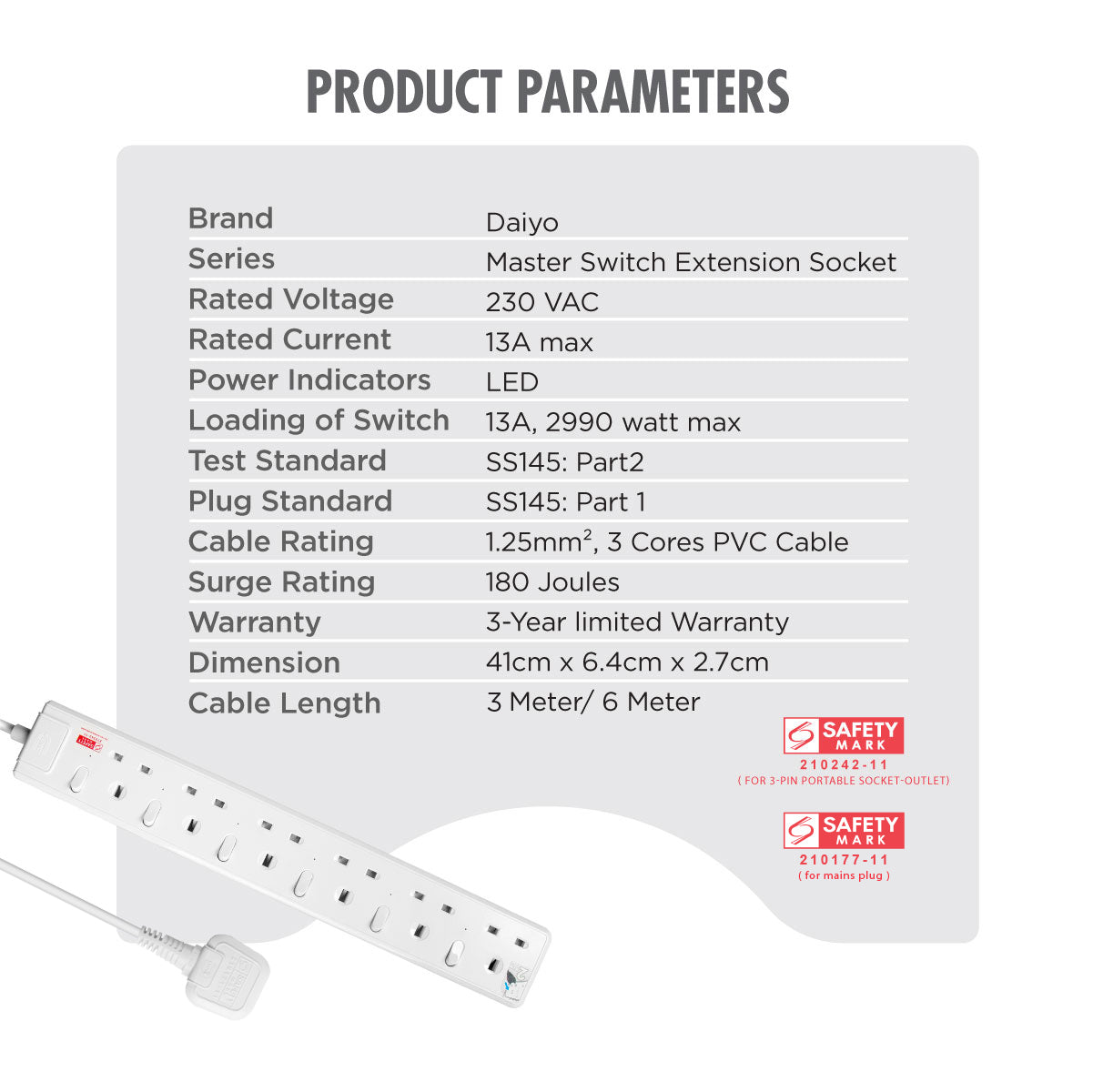 Daiyo DE 386 6 Way LED Surge Protector Power Extension Socket Strip with 3 Metre Power Cord