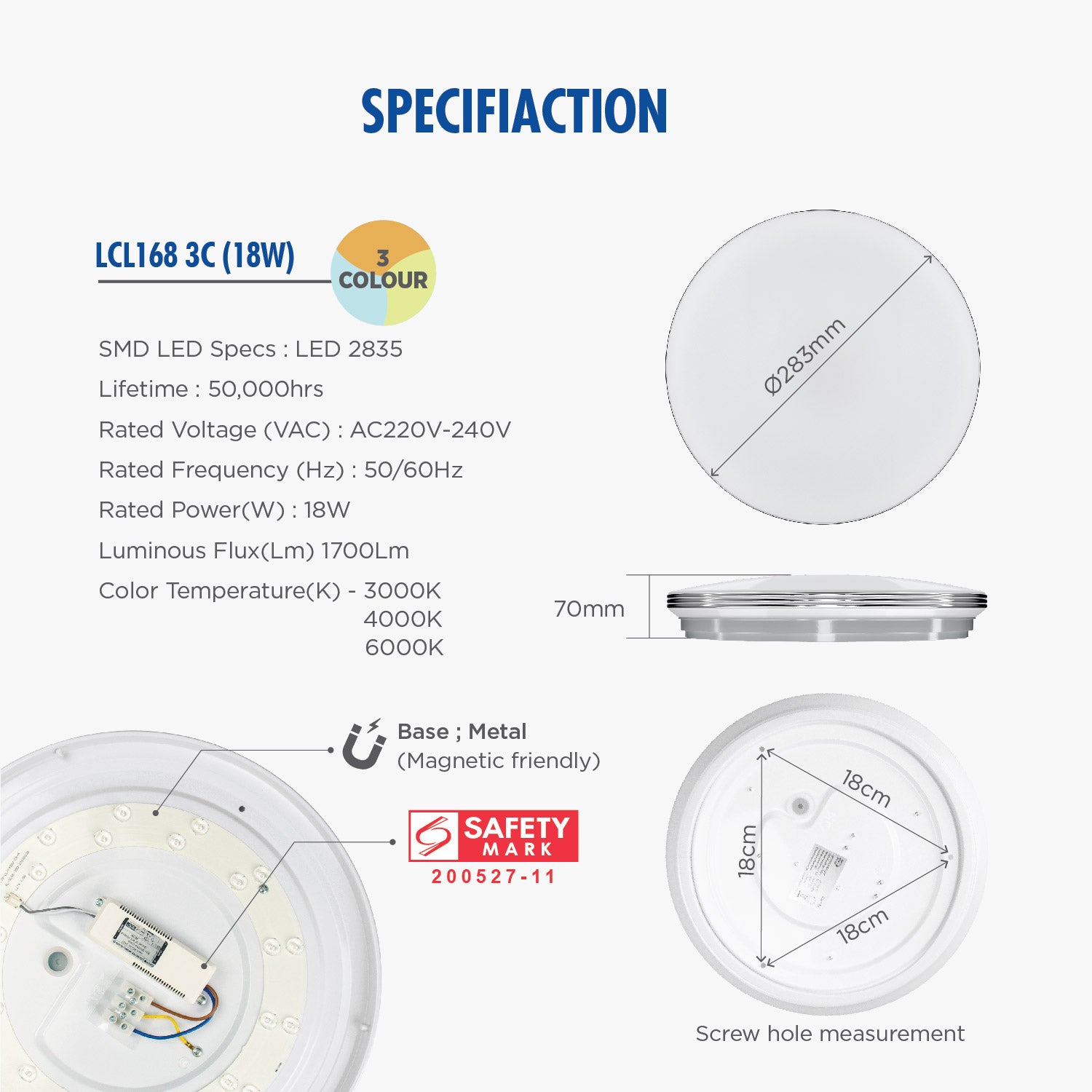 Daiyo LCL 168 3C LED 18W Ceiling Light with 3-Step Wall Switch