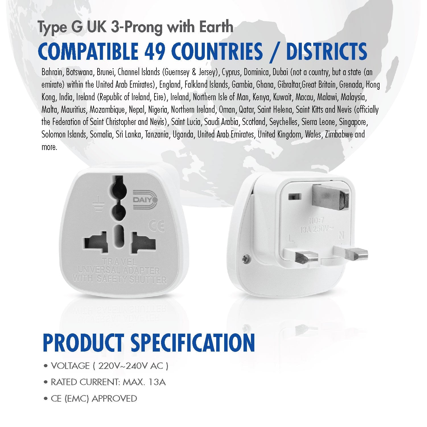 Traveller Adaptor UK 3-Prong With Earth X 2 Pieces | Brunei, Hong Kong, Iraq, Ireland, Jordan, Kuwait, Macau, Malaysia