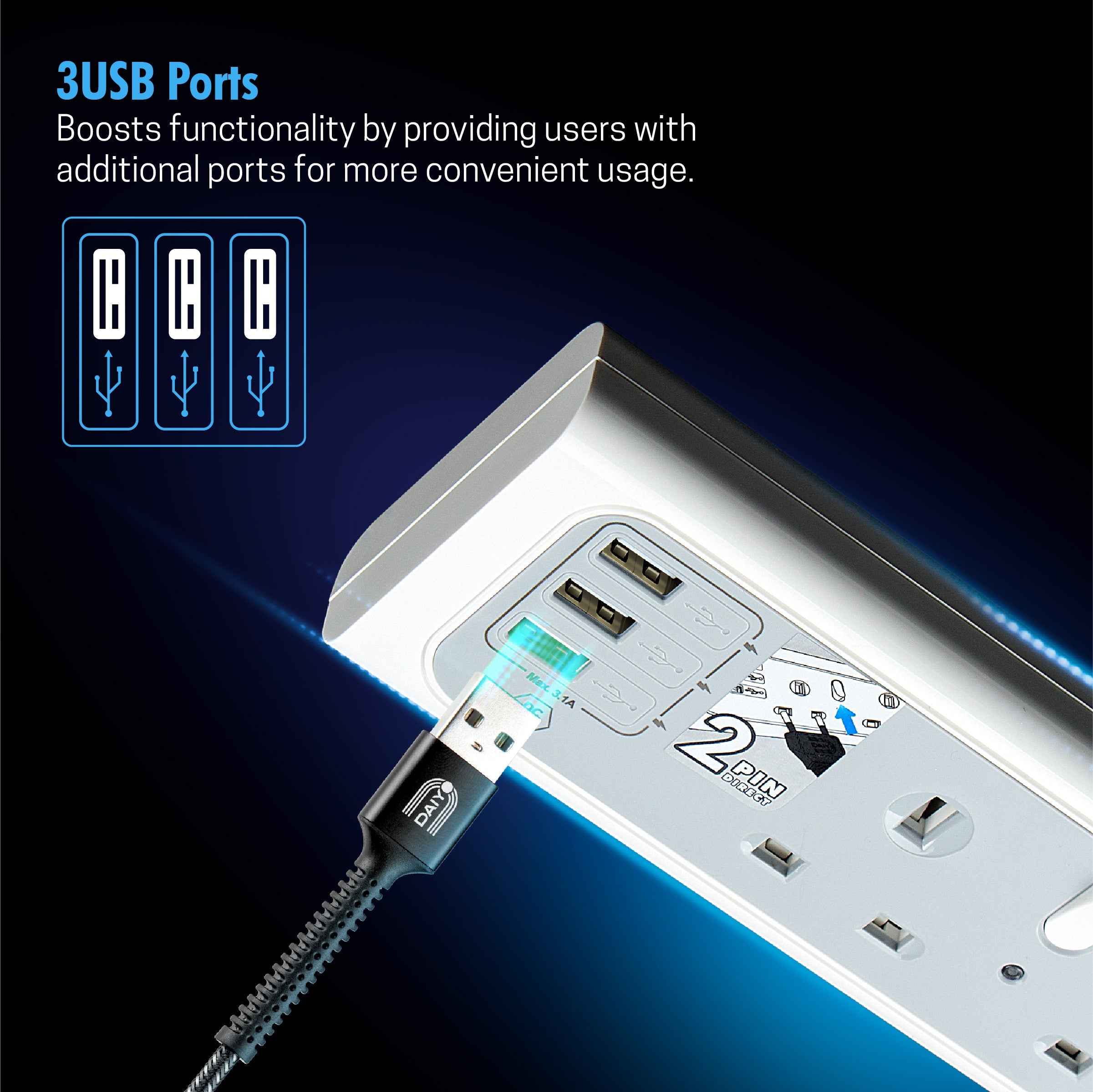 Daiyo DE 298 Surge Protected USB 4 Way Extension Socket