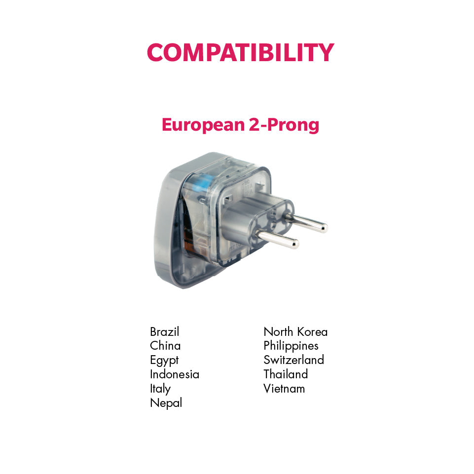 Daiyo DE 234 Traveller Adaptor European 2-Prong | Brazil, China, Egypt, Indonesia, Italy, Nepal, North Korea, Philippines, Switzerland, Thailand, Vietnam