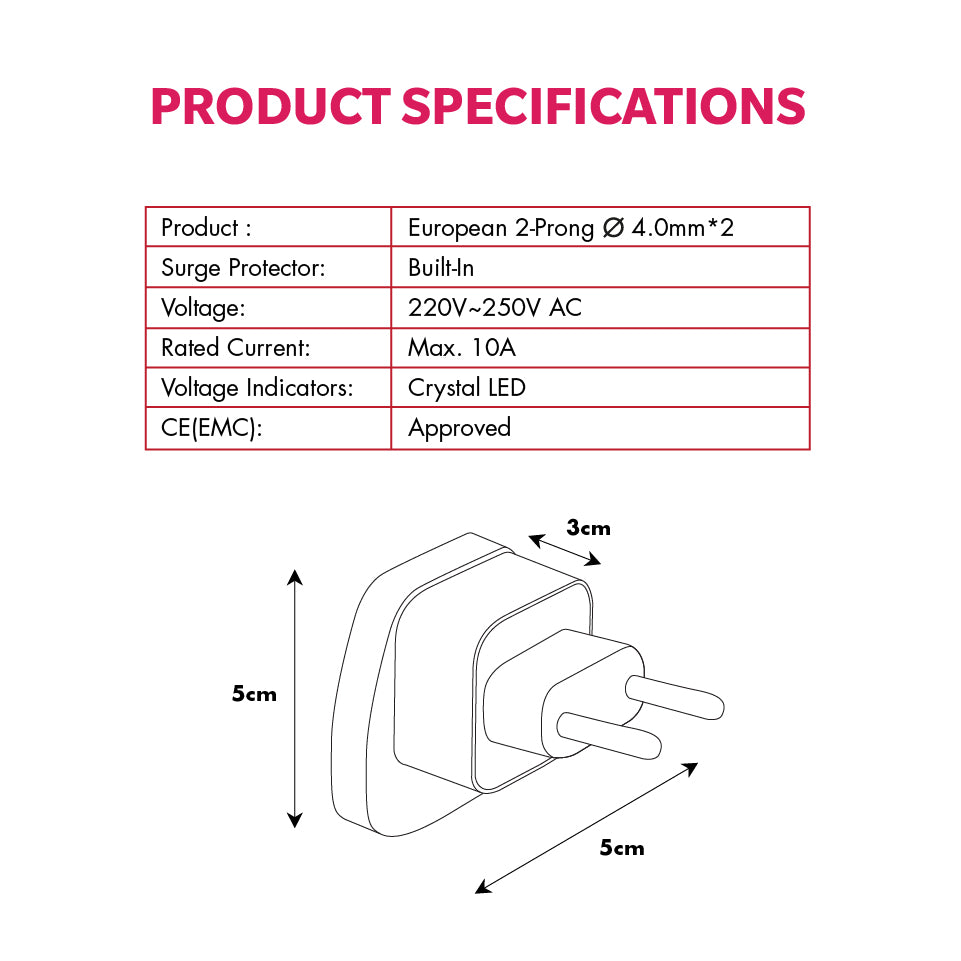 Daiyo DE 234 Traveller Adaptor European 2-Prong | Brazil, China, Egypt, Indonesia, Italy, Nepal, North Korea, Philippines, Switzerland, Thailand, Vietnam