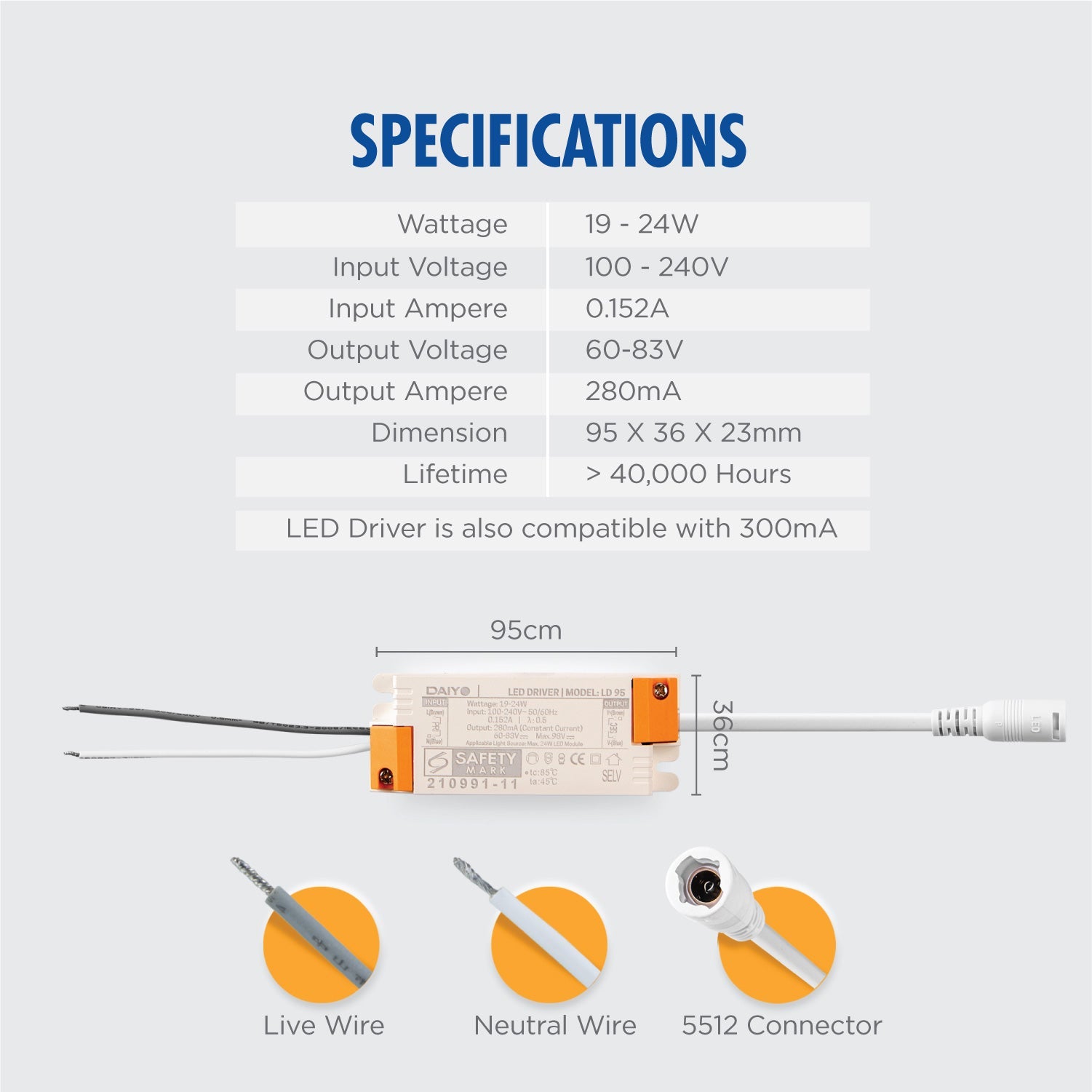 Daiyo LD 95 19-24W LED Driver / 5521 DC Plug 280mA