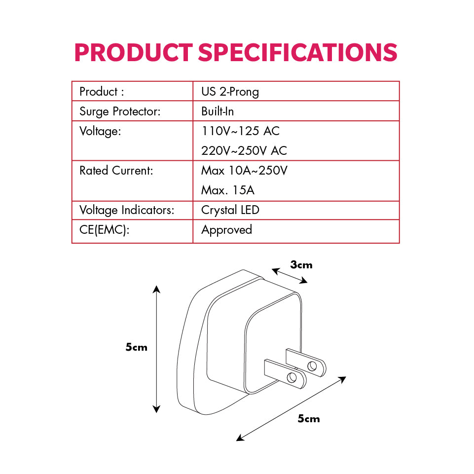 Daiyo DE 235 Traveller Adaptor US 2-Prong | Canada, Colombia, India, Japan, Mexico, North Korea, Philippines, Saudi Arabia, Taiwan, Thailand, USA, Vietnam, Virgin Islands