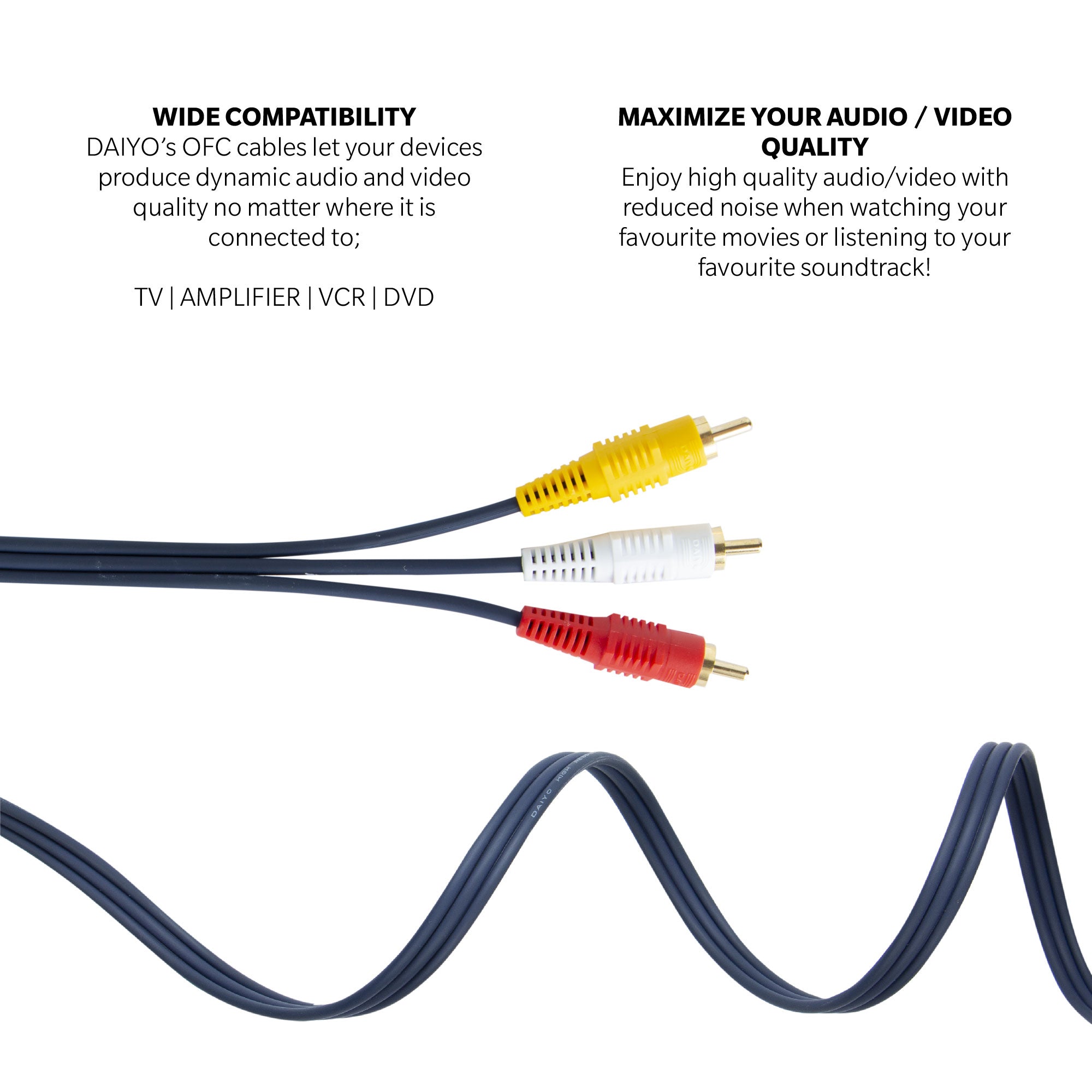 Daiyo TA 8585 Video 3 RCA Cable Red, White and Yellow Gold Connector 1.8m