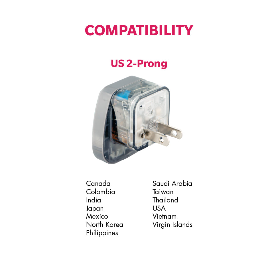 Daiyo DE 235 Traveller Adaptor US 2-Prong | Canada, Colombia, India, Japan, Mexico, North Korea, Philippines, Saudi Arabia, Taiwan, Thailand, USA, Vietnam, Virgin Islands