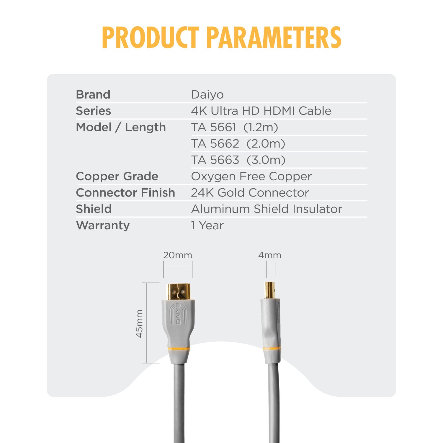 Daiyo TA 5663 HD Series 4K Ultra High Definition (UHD) HDMI Ver 2.0 Cable Length 3m 24K Gold Connector