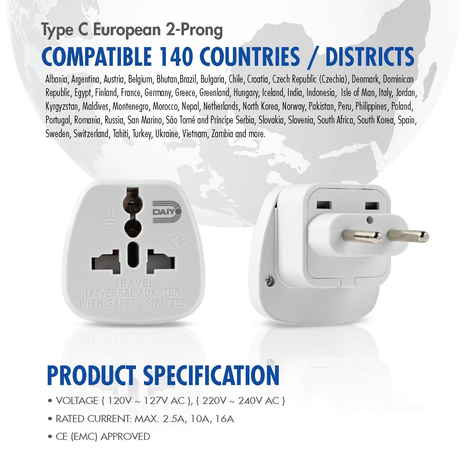 Traveller Adaptor European 2-Prong X 2 Pieces | Brazil, China, Egypt, Indonesia, Italy, Nepal, North Korea, Philippines