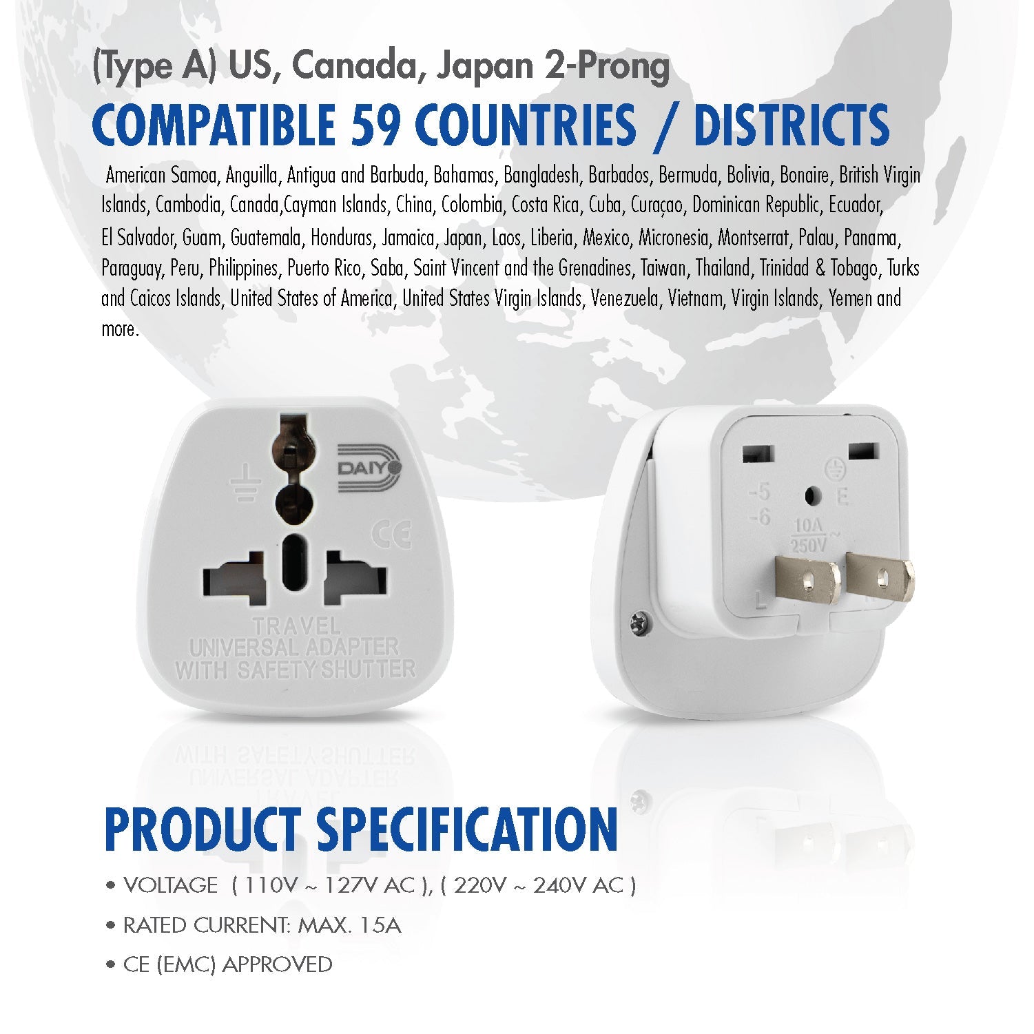 Traveller Adaptor US 2-Prong X 2 Pieces | Canada, Colombia, India, Japan, Mexico, North Korea, Philippines, Saudi Arabia