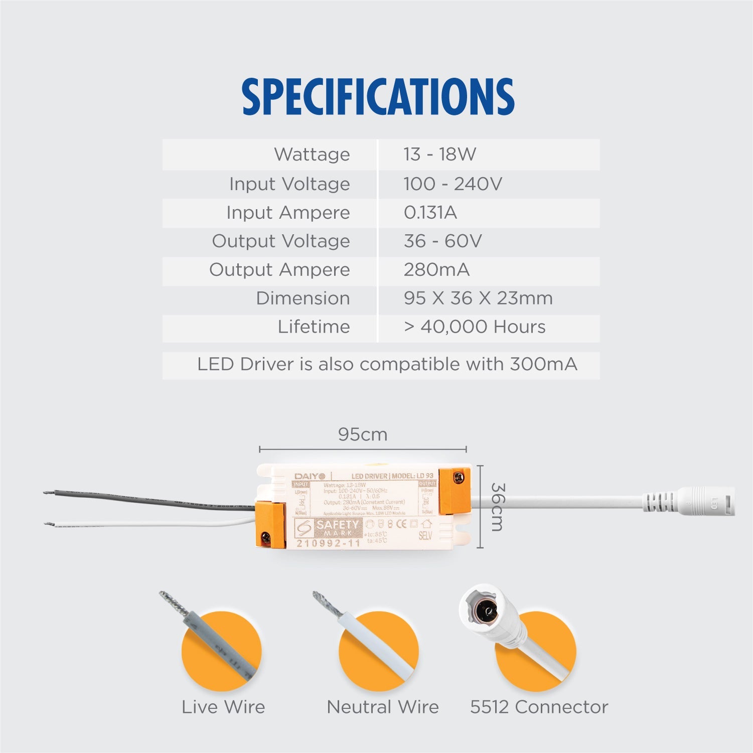 Daiyo LD 93 13-18W LED Driver / 5521 DC Plug 280mA