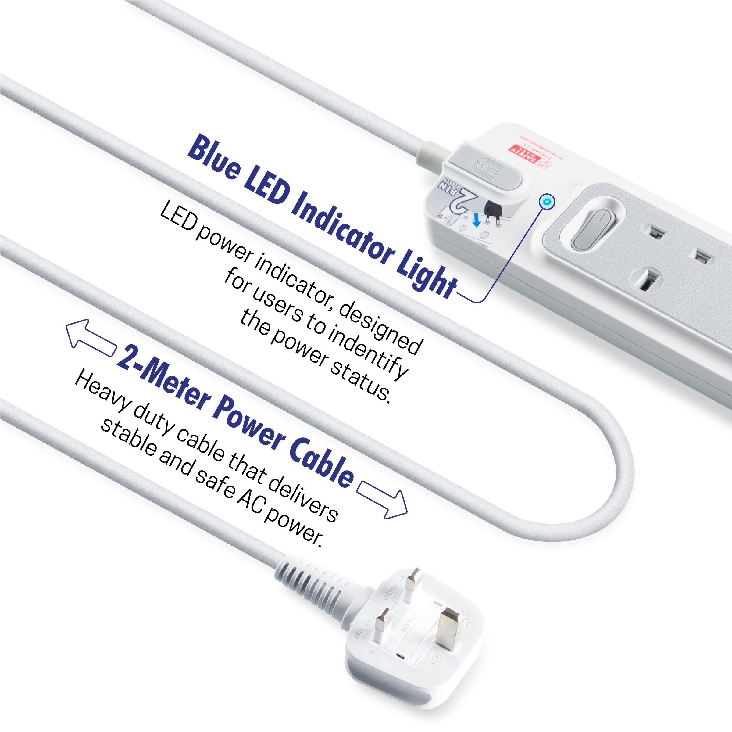 Daiyo DE 365 Master Switch Surge Protector 5 Way Extension Socket Strip 2 Meter long