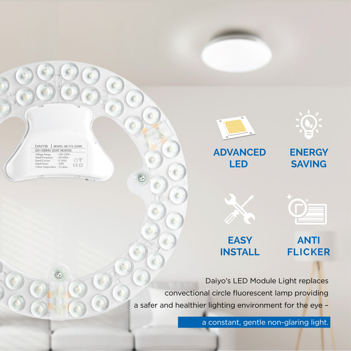 Daiyo LM 176-3C 24W LED Circular Replacement Magnetic Base Ceiling Panel (Tri-Colour)