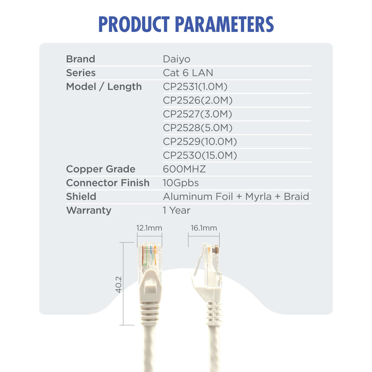 Daiyo CP 2526 RJ-45 LAN Ethernet UTP CAT.6 Cable 2m