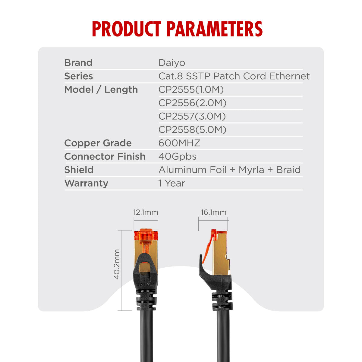 Daiyo CP 2555 SSTP Patch Cord Cat 8 Gigabit Ethernet 1m