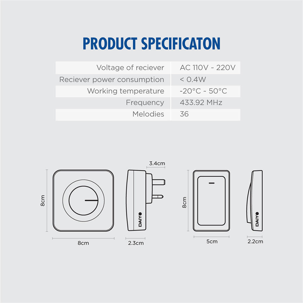 Daiyo DDB 47W Wireless Digital Kinetic Doorbell (Battery Free Switch)