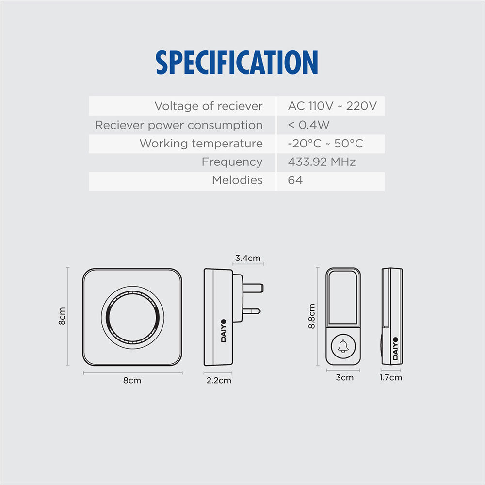 Daiyo DDB 48W Wireless Digital Kinetic Doorbell (Battery Free Switch)