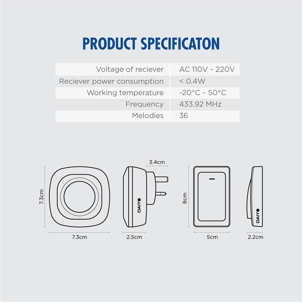 Daiyo DDB 49W Wireless Digital Kinetic Doorbell (Battery Free Switch)